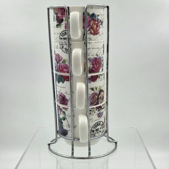 New York City Skyline Set of 4 Stacking Porcelain Mugs with a Metal Rack - Picture 2 of 12